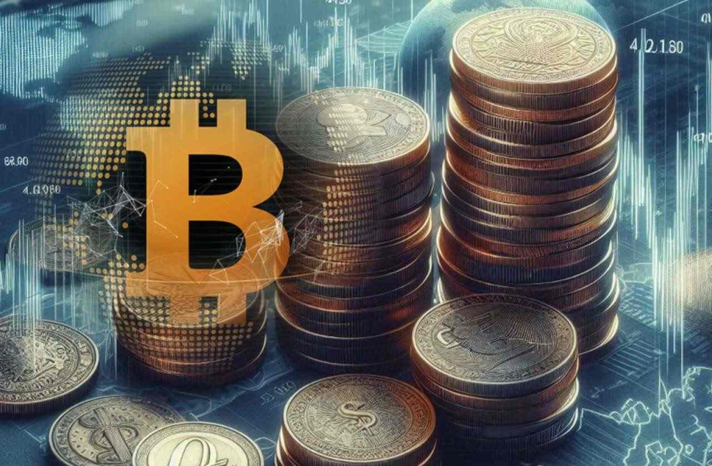 Alcune pile di monete con dei grafici finanziari sullo sfondo e il simbolo di Bitcoin a sinistra in sovrimpressione