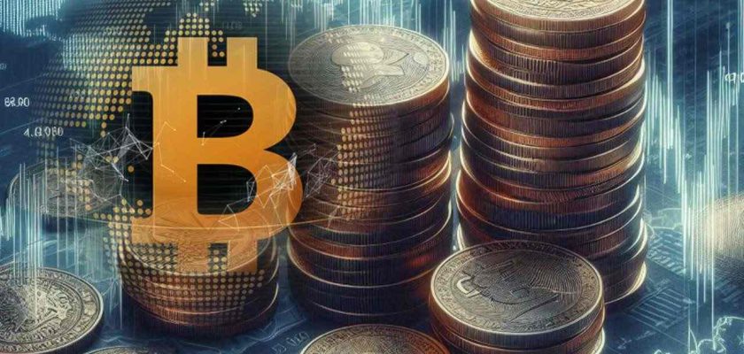 Alcune pile di monete con dei grafici finanziari sullo sfondo e il simbolo di Bitcoin a sinistra in sovrimpressione