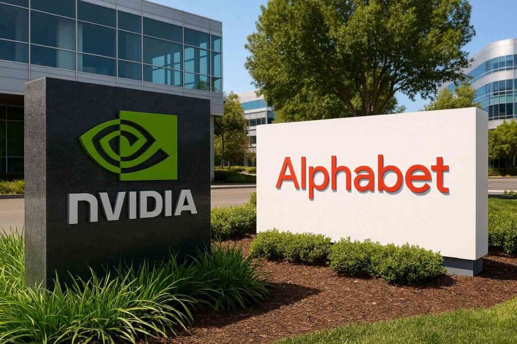 Un insegna con il logo di Nvidia a sinistra e una con il logo di Alphabet a destra