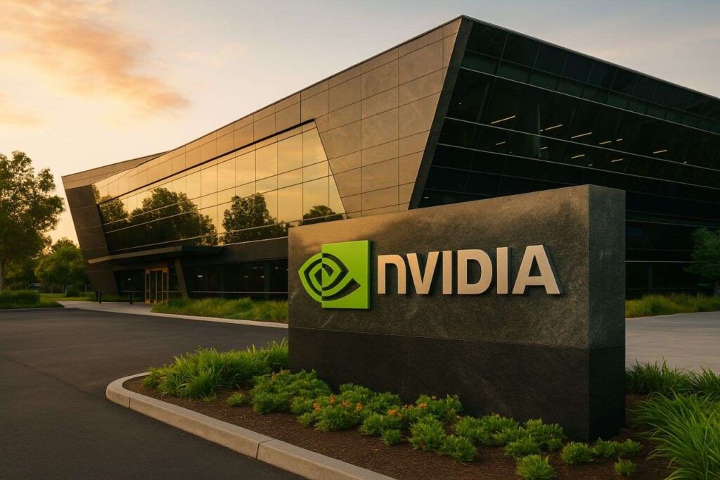 Un edificio moderno con il cielo al tramonto sullo sfondo e un'insegna con logo e scritta Nvidia fissata sul prato antistante