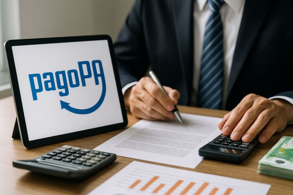Un uomo che scrive a una scrivania, e il logo Pago Pa su uno schermo