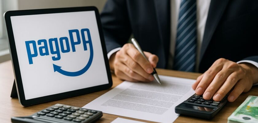 Un uomo che scrive a una scrivania, e il logo Pago Pa su uno schermo
