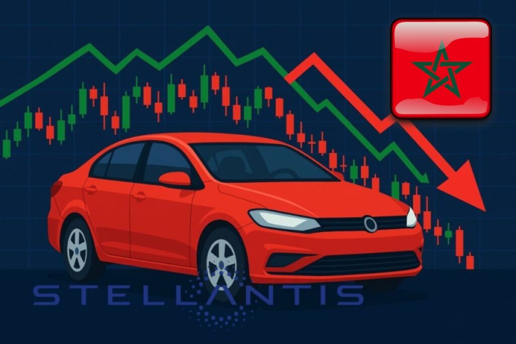auto con logo Stellantis e bandiera del Marocco