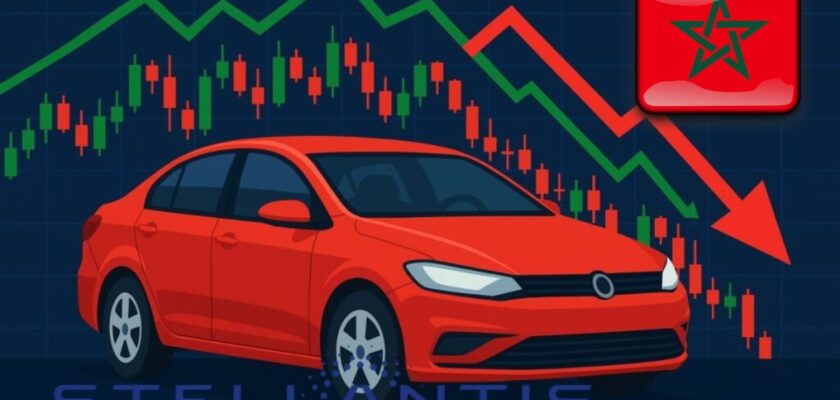 auto con logo Stellantis e bandiera del Marocco