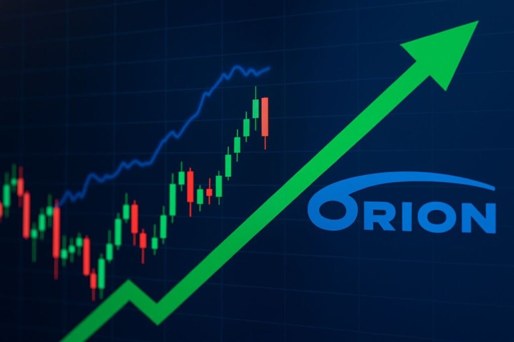 Una freccia con un grafico a candele sullo sfondo e il logo Orion