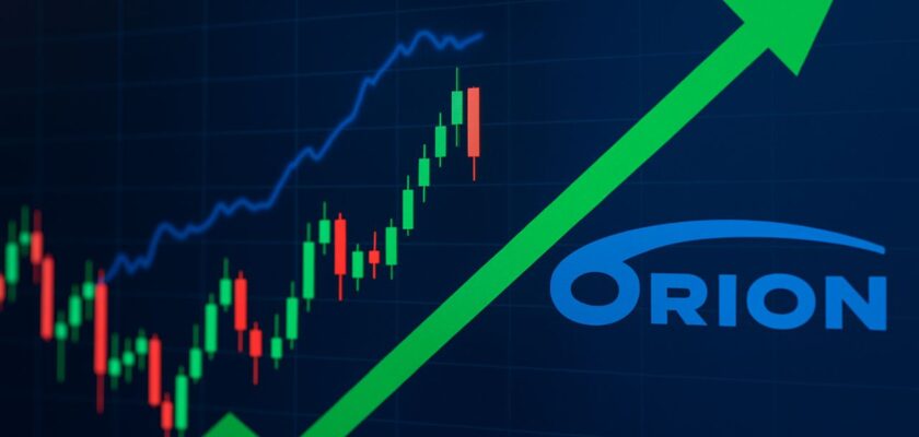 Una freccia con un grafico a candele sullo sfondo e il logo Orion