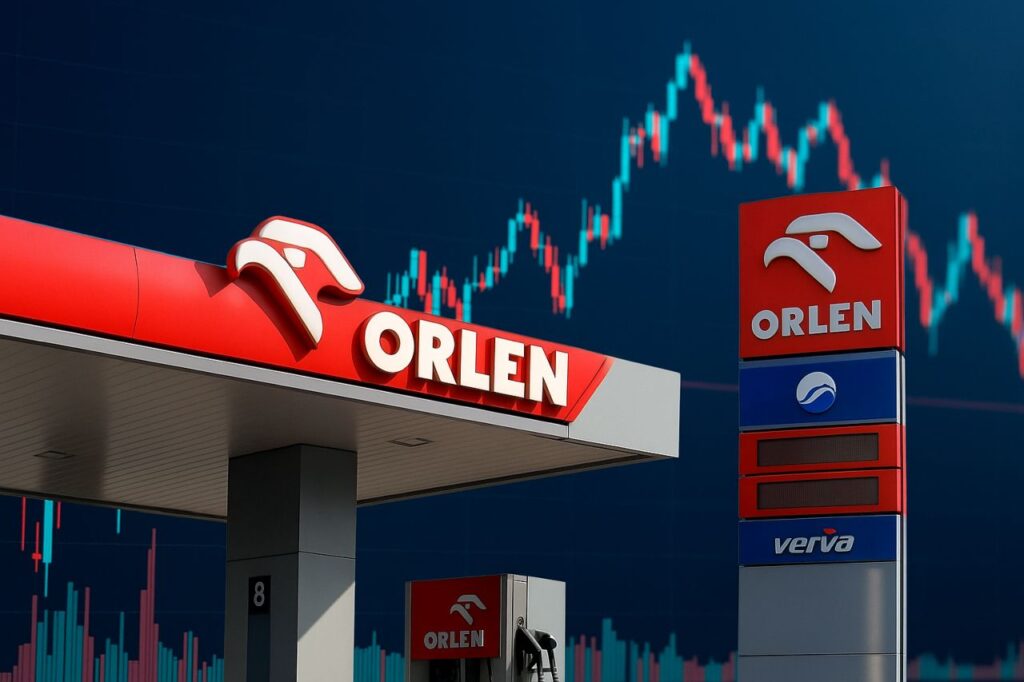 Distributore di benzina Orlen e grafici a candele sullo sfondo