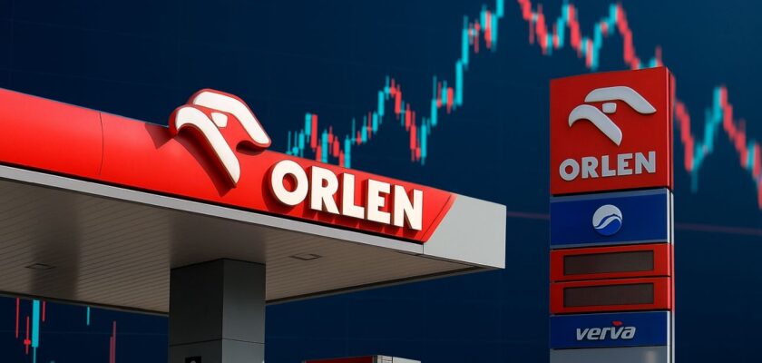 Distributore di benzina Orlen e grafici a candele sullo sfondo