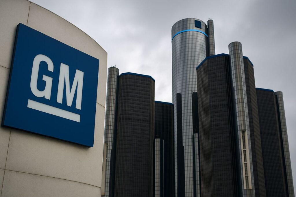 insegna General Motors in primo piano con dei grattacieli dietro