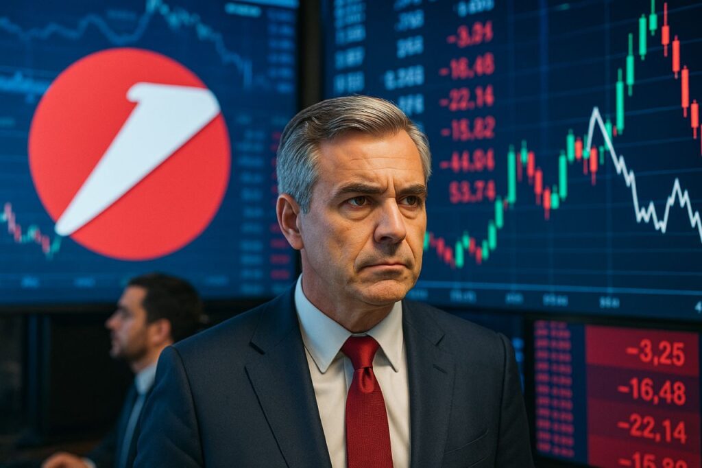 Un trader con dei grafici finanziari alle spalle e il simbolo di Unicredit in alto a sinistra
