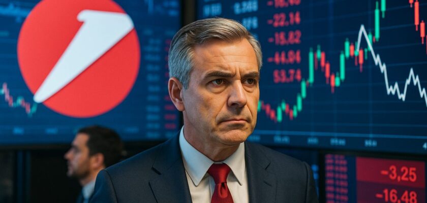 Un trader con dei grafici finanziari alle spalle e il simbolo di Unicredit in alto a sinistra