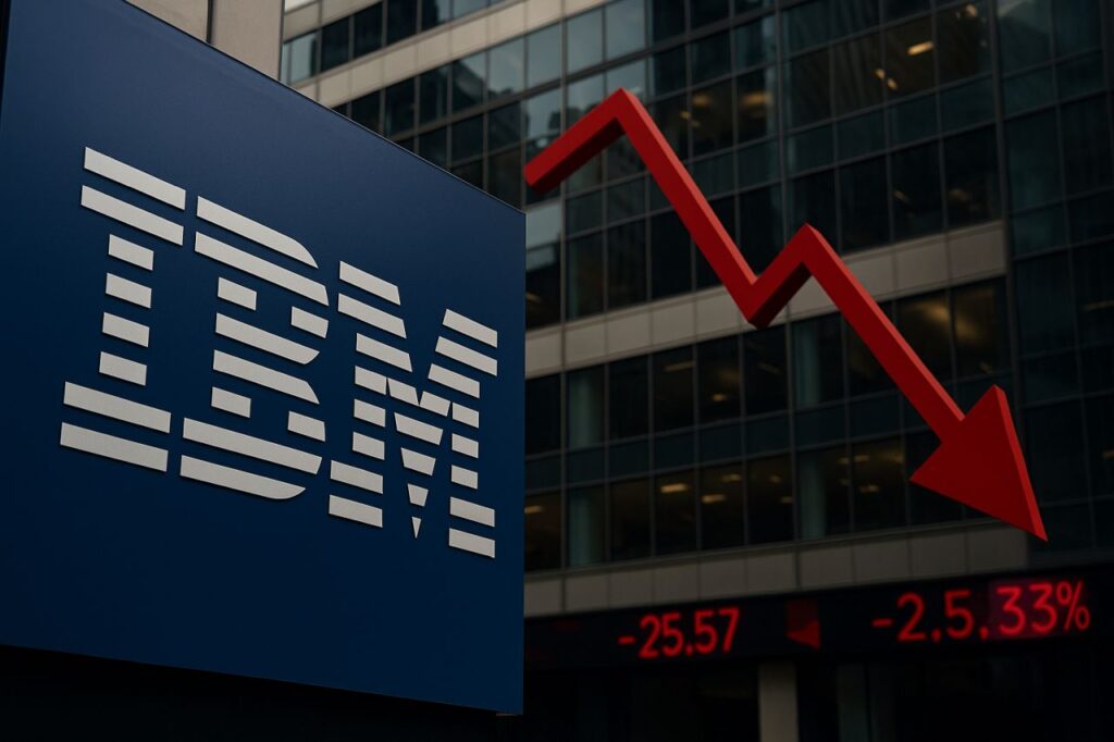Logo IBM a sinistra e una freccia rossa verso il basso a destra con un palazzo sullo sfondo