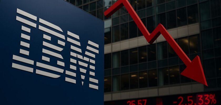 Logo IBM a sinistra e una freccia rossa verso il basso a destra con un palazzo sullo sfondo