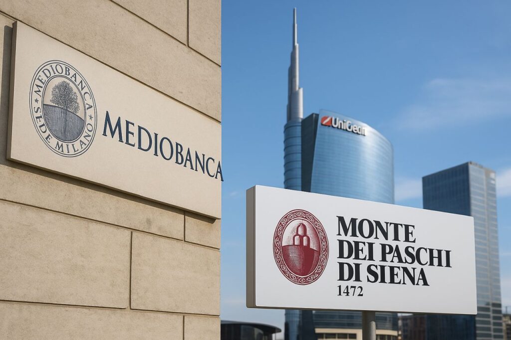 Insegna con scritta Mediobanca sull'angolo di un muro, accanto logo e scritta Monte dei Paschi di Siena