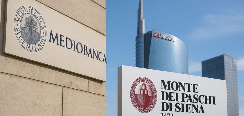 Insegna con scritta Mediobanca sull'angolo di un muro, accanto logo e scritta Monte dei Paschi di Siena