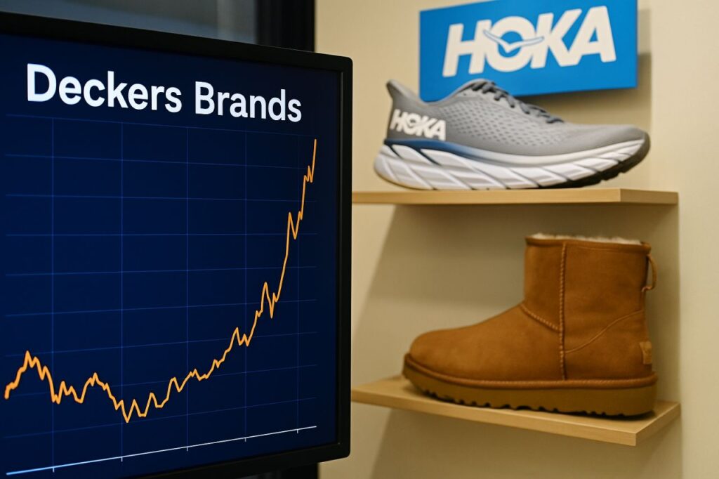 La scritta Deckers Brands con un grafico sotto a sinistra. Due scarpe e la scritta Hoka sulla destra