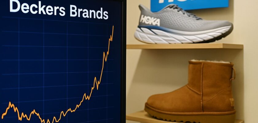 La scritta Deckers Brands con un grafico sotto a sinistra. Due scarpe e la scritta Hoka sulla destra