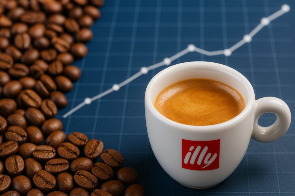 Dei chicchi di caffé e una tazzina di caffé con un grafico sullo sfondo