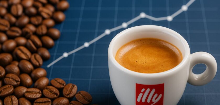 Dei chicchi di caffé e una tazzina di caffé con un grafico sullo sfondo