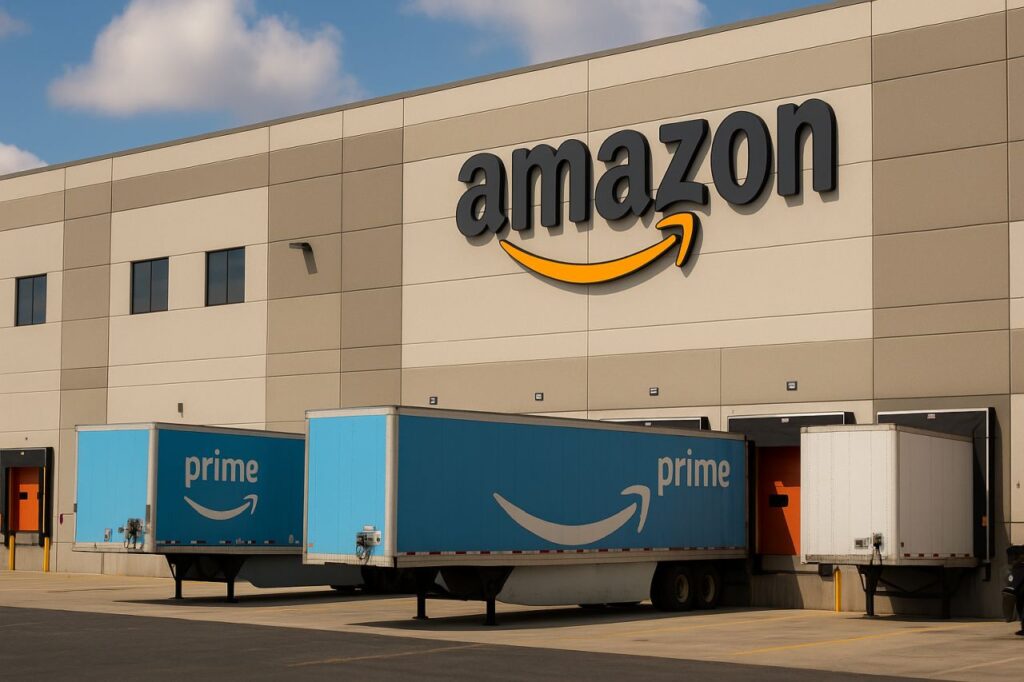 Un magazzino amazon con mezzi amazon