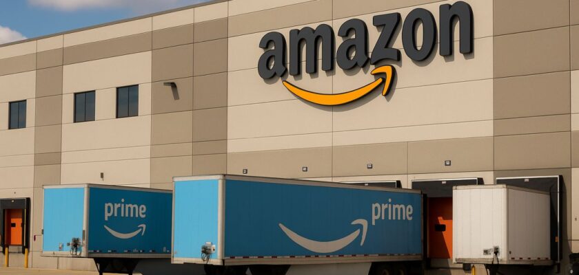 Un magazzino amazon con mezzi amazon