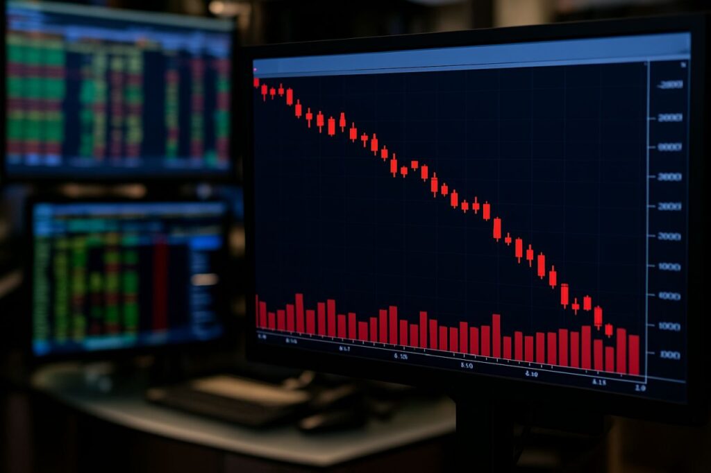 Uno schermo con un grafico finanziario, e sulla sinistra numeri e cifre sfuocati