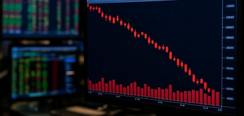 Uno schermo con un grafico finanziario, e sulla sinistra numeri e cifre sfuocati