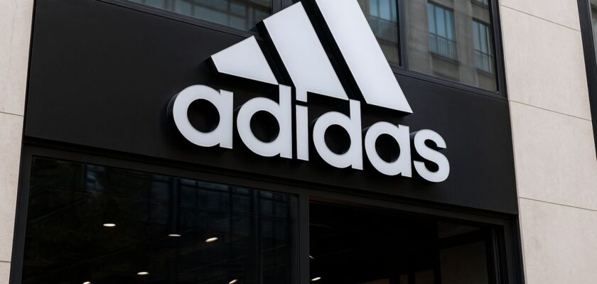 logo Adidas su una vetrata
