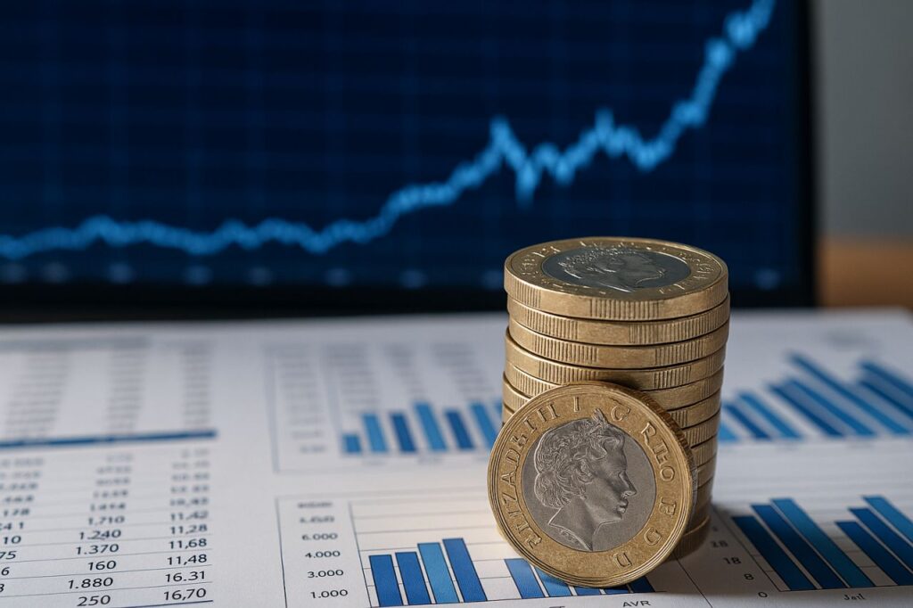 Delle monete poggiate su un foglio con dei grafici e dei grafici finanziari anche sullo schermo sullo sfondo