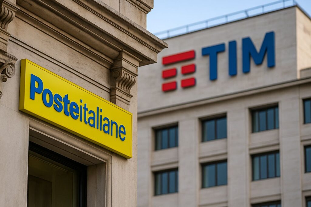 Un edificio con l'insegna Poste Italiane e uno con quella di TIM