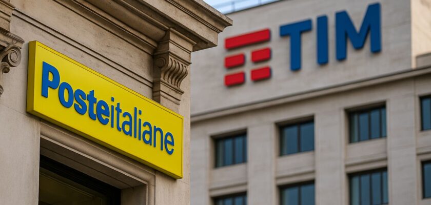 Un edificio con l'insegna Poste Italiane e uno con quella di TIM