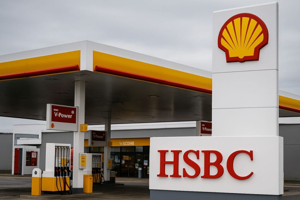un distributore di carburante Shell e la scritta HSBC su un cartello in basso a destra