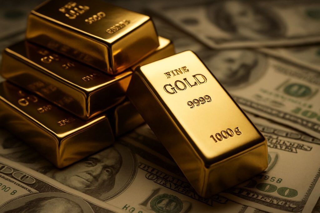 lingotti d'oro poggiati su delle banconote