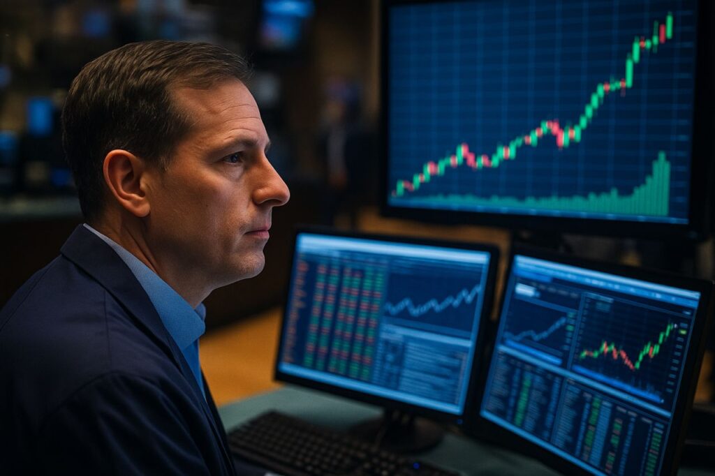 Primo piano di un investitore di profilo mentre osserva dei grafici finanziari su alcuni schermi