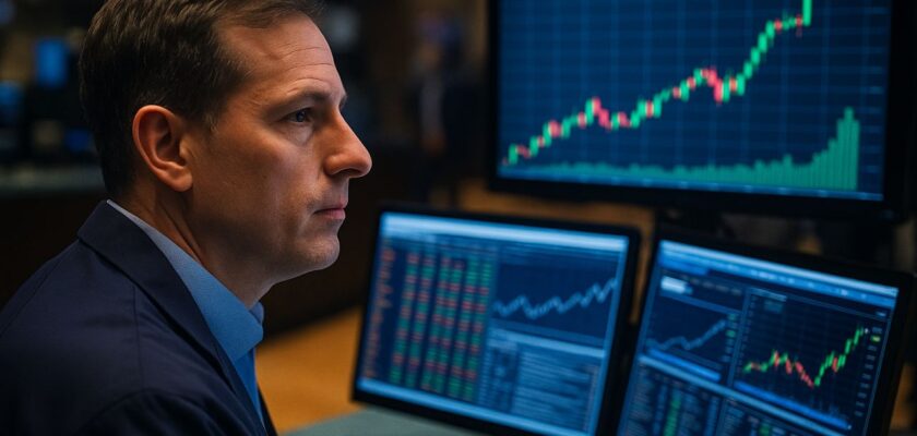 Primo piano di un investitore di profilo mentre osserva dei grafici finanziari su alcuni schermi