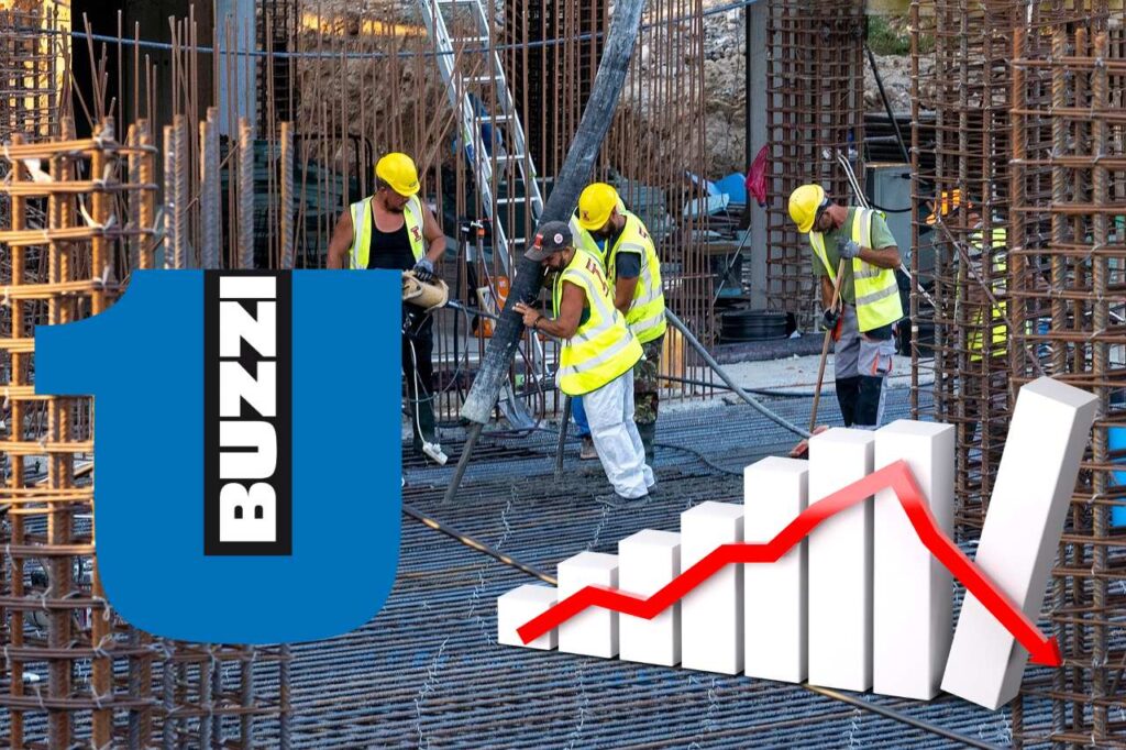 operai con calcestruzzo e logo di Buzzi