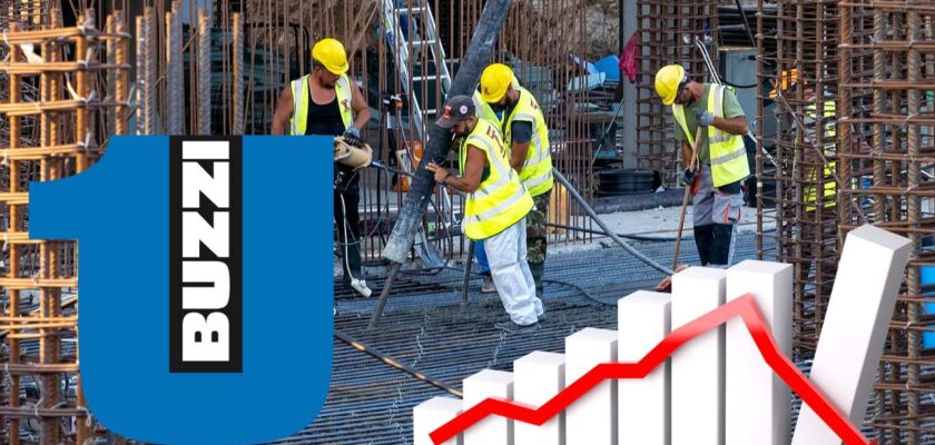 operai con calcestruzzo e logo di Buzzi