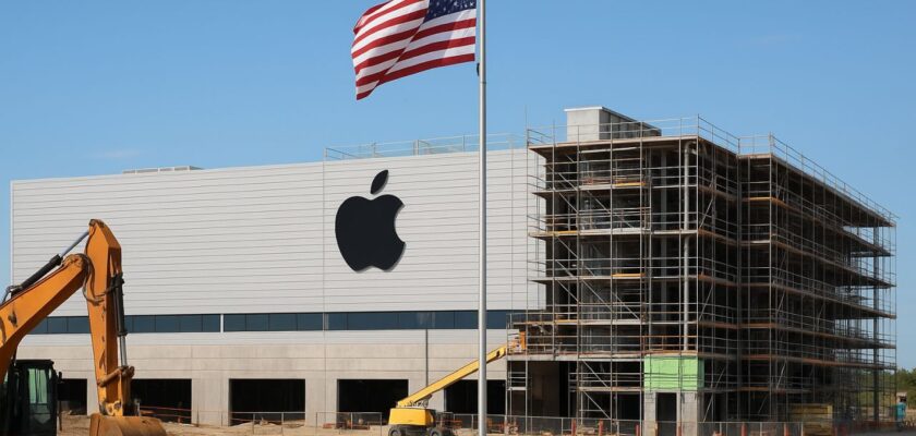 un cantiere con il logo di Apple su un edificio e la bandiera degli USA davanti al centro