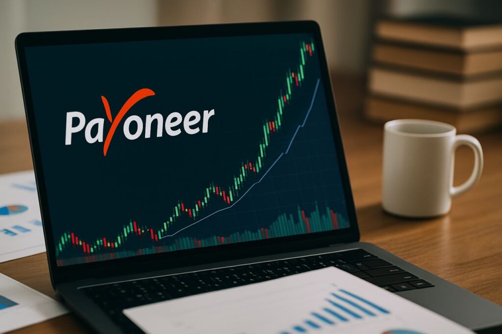 Scritta Payoneer sullo schermo di un laptop con un grafico a candele
