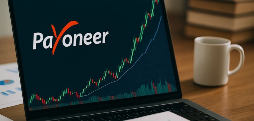 Scritta Payoneer sullo schermo di un laptop con un grafico a candele