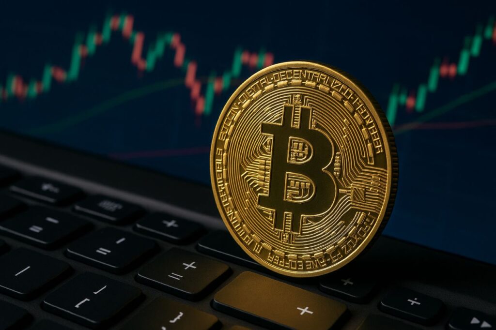 Una moneta di Bitcoin con un grafico a candele dietro