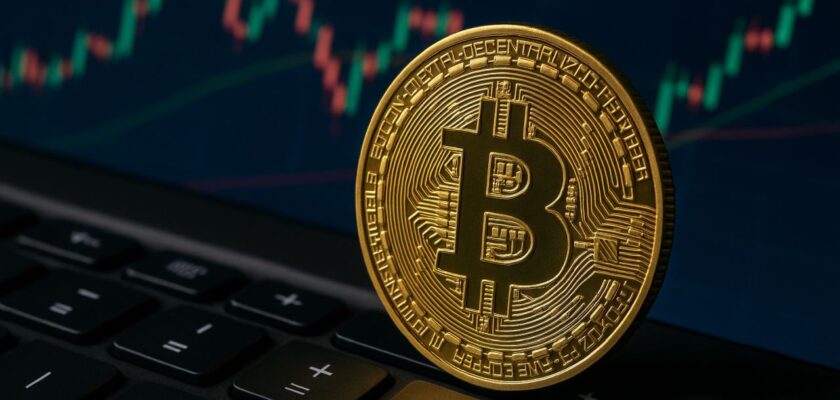 Una moneta di Bitcoin con un grafico a candele dietro