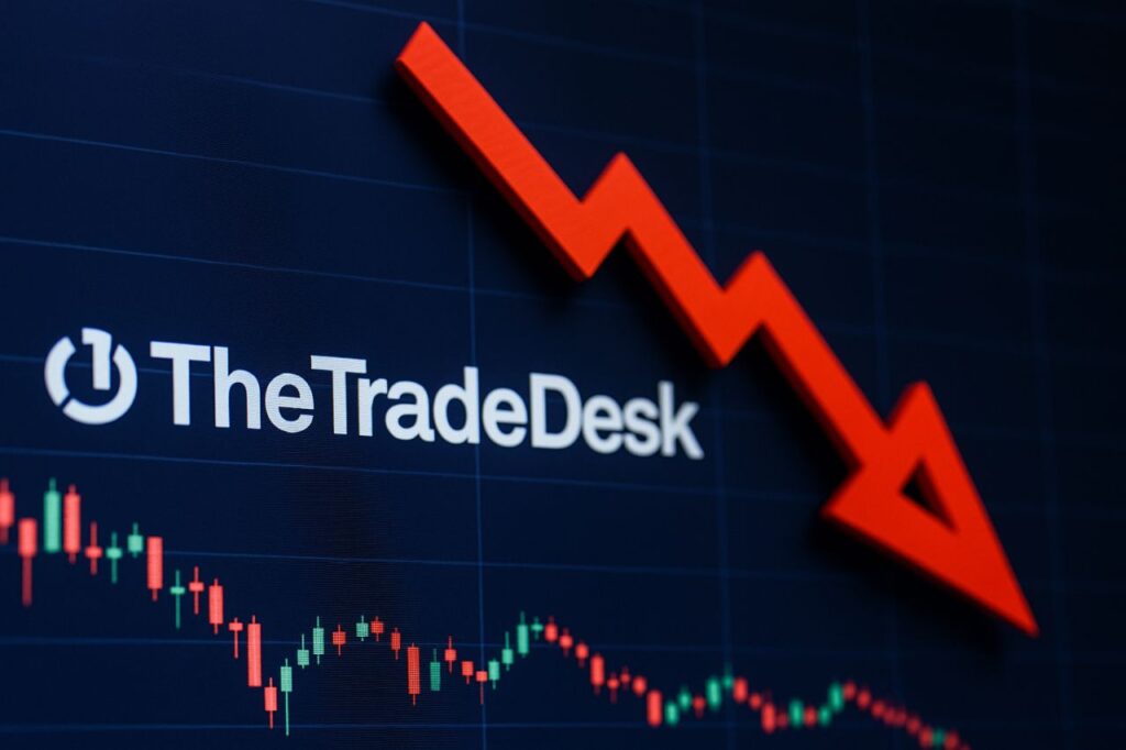 logo e scritta TheTradeDesk con un grafico a candele e una freccia rossa verso il basso