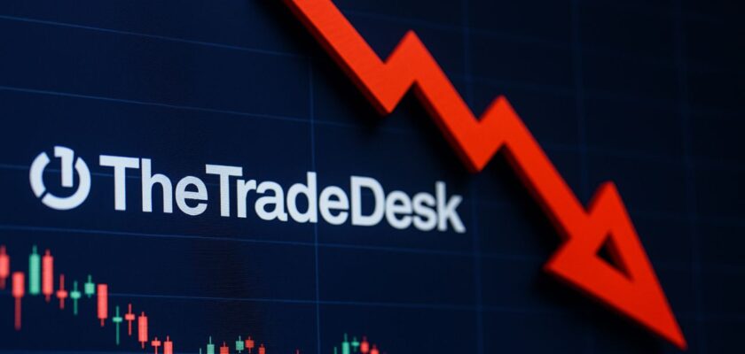 logo e scritta TheTradeDesk con un grafico a candele e una freccia rossa verso il basso