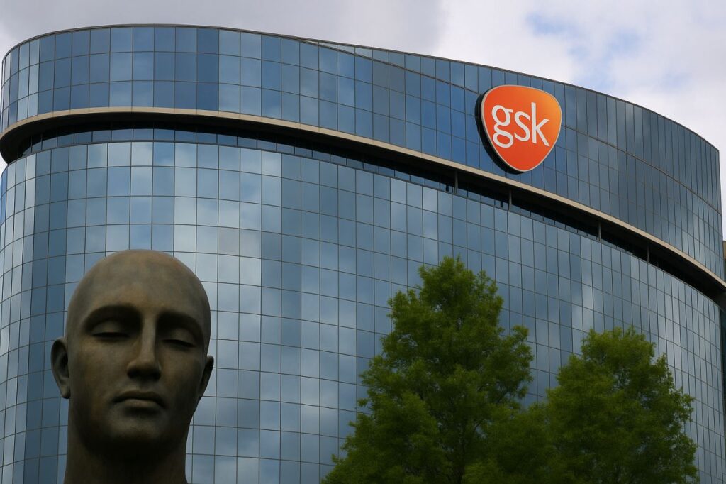 un palazzo di vetro con la scritta gsk in alto