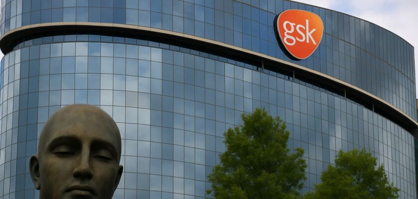 un palazzo di vetro con la scritta gsk in alto