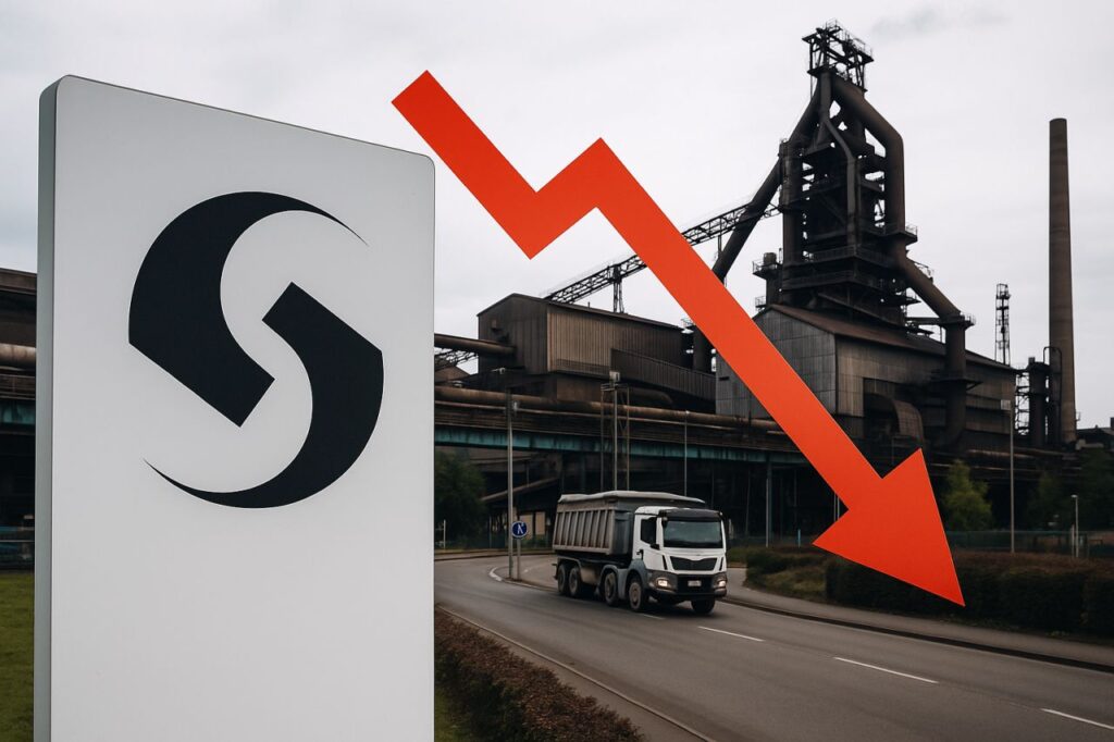 Un cartello con il logo di Salzgitter davanti a un'acciaieria. Una freccia rossa verso il basso in sovrimpressione