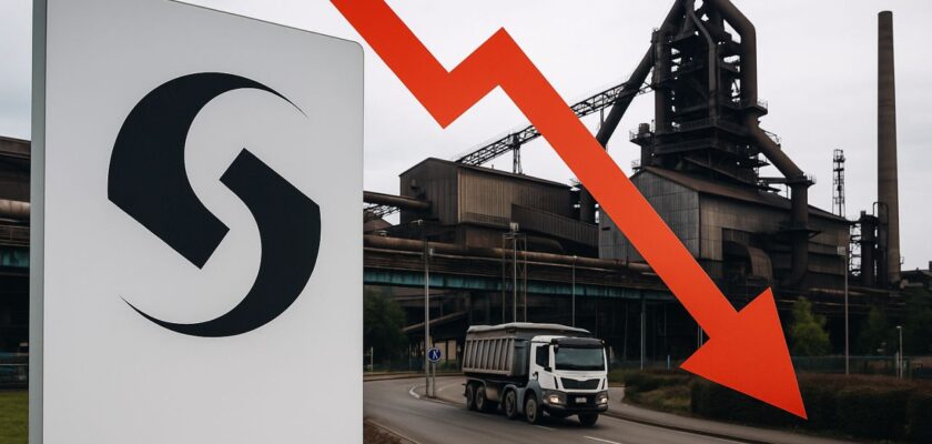 Un cartello con il logo di Salzgitter davanti a un'acciaieria. Una freccia rossa verso il basso in sovrimpressione