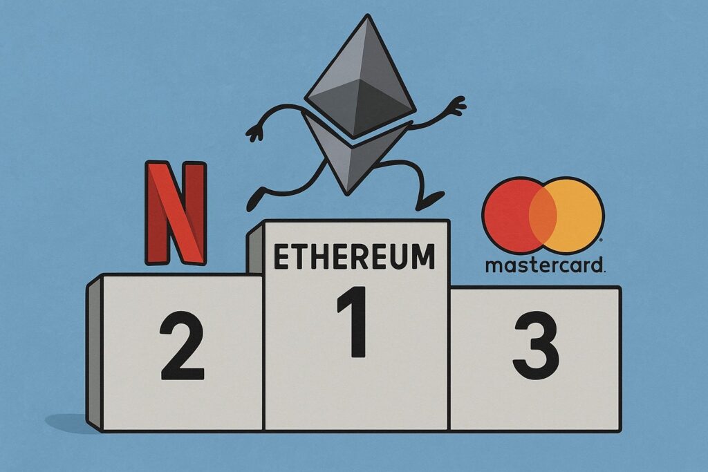 Ethereum supera Netflix e MasterCard in capitalizzazione di mercato, eth, cripto, criptovalute, crypto