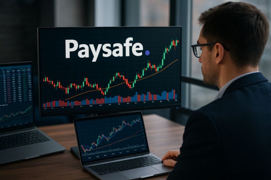 un uomo di spalle che osserva un grafico sullo schermo di un pc. Sullo stesso la scritta PaySafe